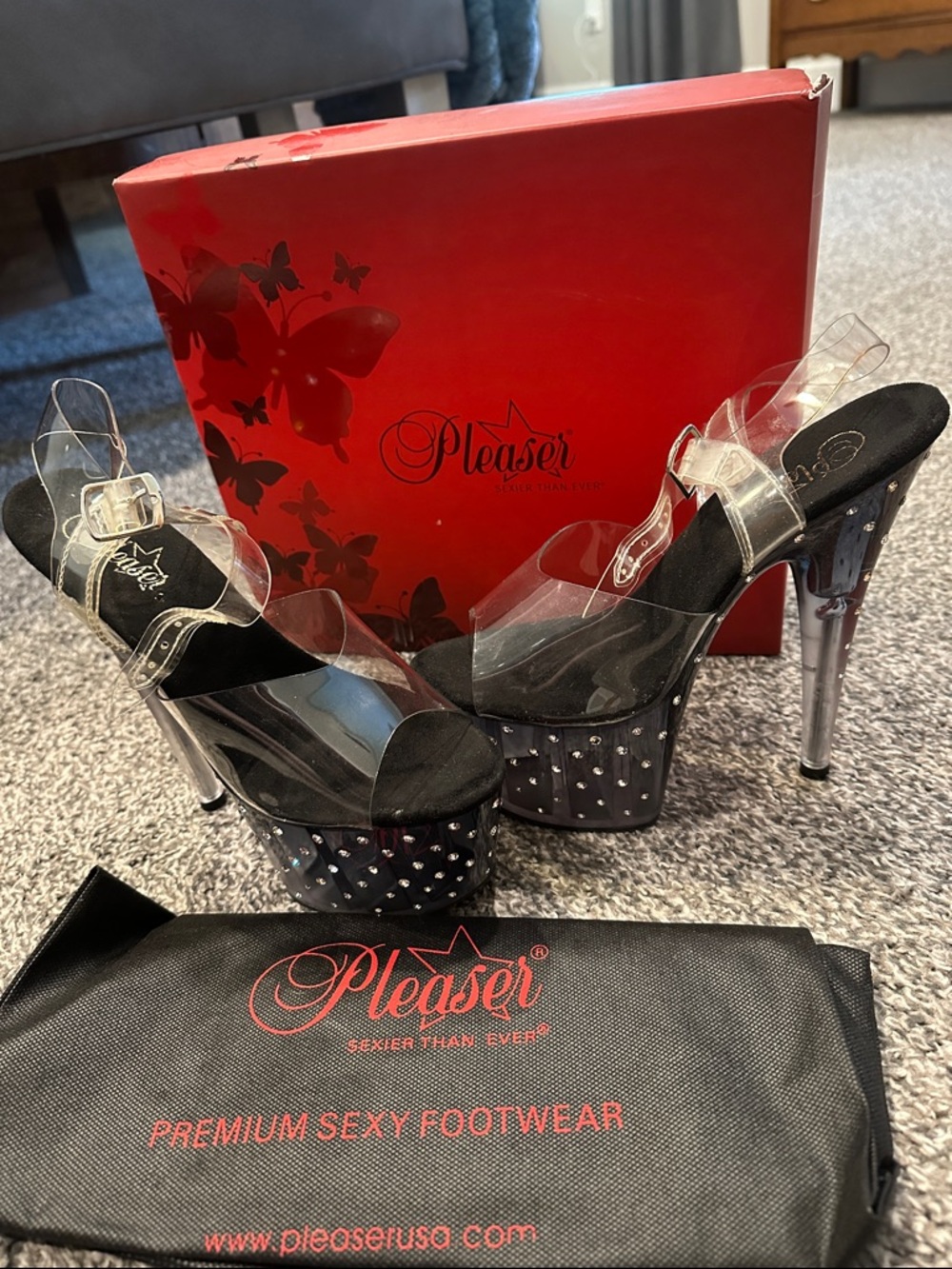 Pleaser Black Platform 7in Heels with Clear Straps and Silver Studs